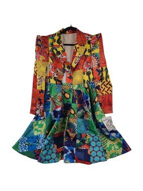 Gunit Colorful Patchwork Peplum Jacket Strong Shoulder Design Satin Fabric Sz L